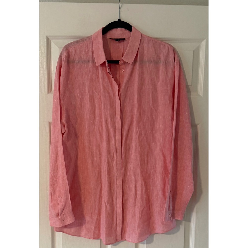 Lafayette 148 New York 100% Linen Pink Button Front Shirt Blouse Women's L